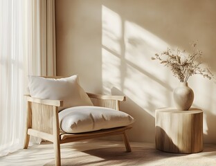 Natural wood lounge chair and side table with sheer white curtains creating a warm, inviting, and minimalist interior scene perfect for relaxation and contemplation