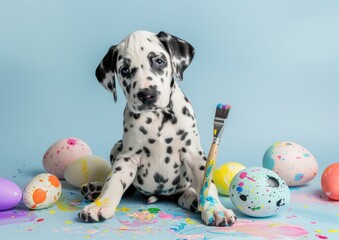 Dalmatian puppy painting easter eggs with paintbrush on turquoise background