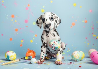 Dalmatian puppy painting easter eggs with paintbrush on turquoise background