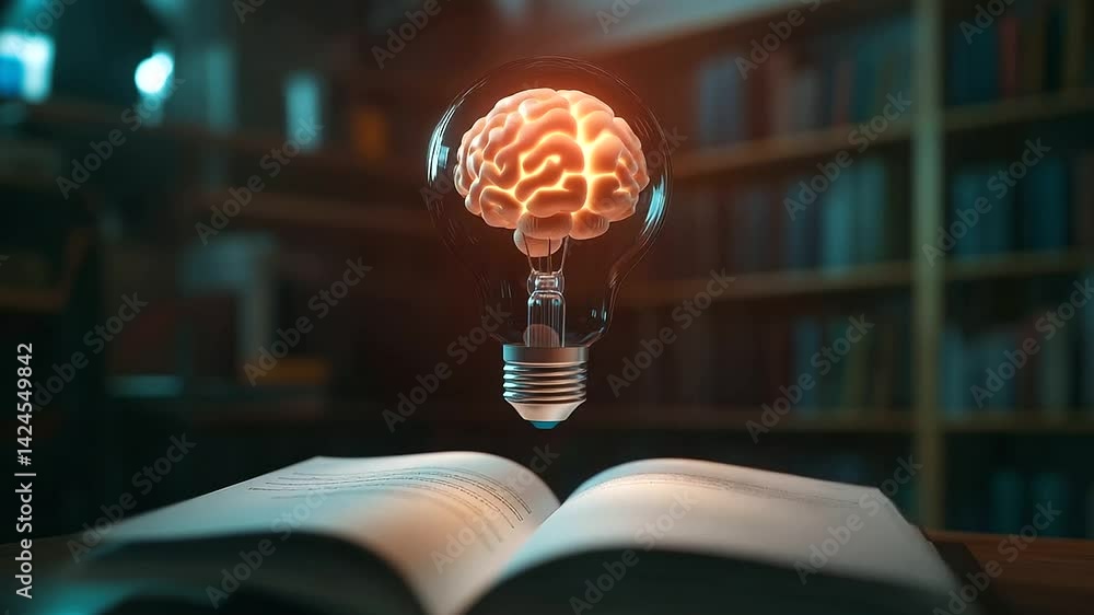 Poster a floating brain inside a levitating light bulb above an open journal. the surreal imagery represent