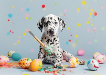 Dalmatian puppy painting easter eggs with paintbrush on turquoise background