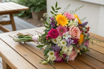 Beautiful mixed floral bouquet placed on a wooden table. Elegant floral arrangement. (Bouquet)