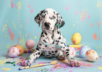 Dalmatian puppy painting easter eggs with paintbrush on turquoise background
