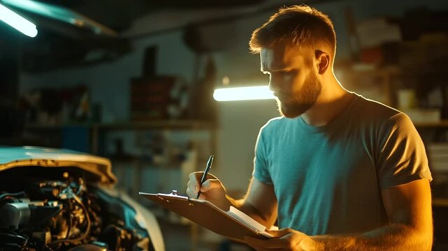 A focused repairman with a clipboard examines an engine, estimating costs. The garage is filled with tools, a vehicle lift, and a warm industrial glow.