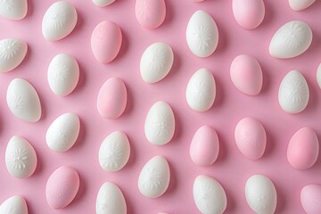 A row of eggs with white and pink paint on them