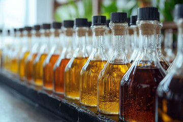 Luxury natural Cosmetics, Bottles on Automated Production Line, Oil Beauty Serum Manufacturing, Generative AI