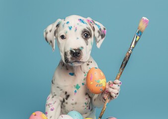 Dalmatian puppy painting easter eggs with paintbrush on turquoise background