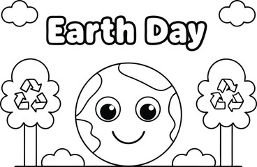 Earth Day Outline with Globe, Trees and Clouds in Black and White Design