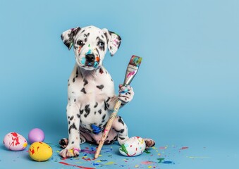 Dalmatian puppy painting easter eggs with paintbrush on turquoise background