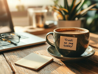 Coffee cup with motivational quote on a cozy workspace  
