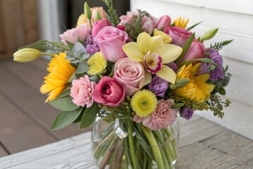 Beautiful floral bouquet for special occasions, featuring tulips, eustoma, ranunculus, orchids, and chrysanthemums. (Bouquet)
