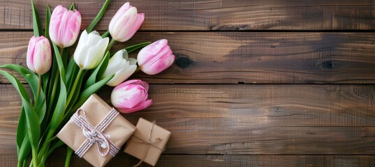 German Easter background with tulips and eggs on wooden boards