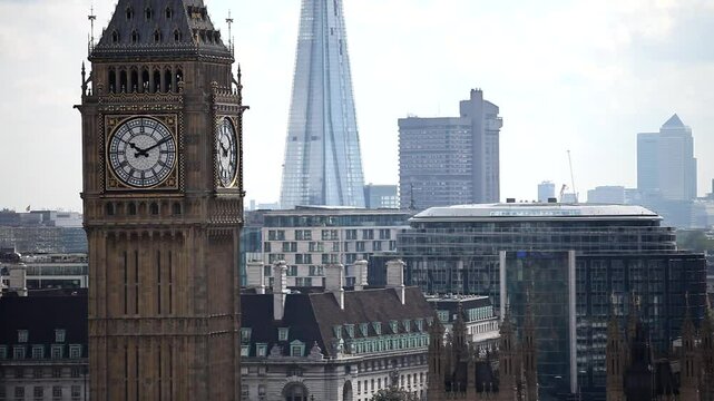 Epic medium shot of big ben in London at dusk