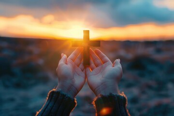 Hands Holding Cross Against Vibrant City Skyline at Sunset, Prayerful Silhouette with Radiant Sun Rays