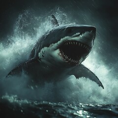 Obraz premium Powerful Shark Surfacing Dark Ocean Against Stunning Sunset Background
