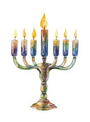 Watercolor menorah with seven lit candles hanukkah celebration art, cut out - stock png.