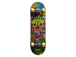 Colorful skateboard with vibrant skull graphic, ready for street action