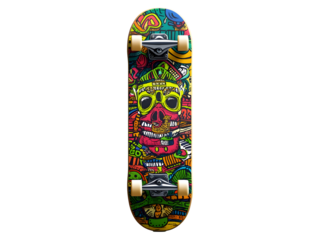 Colorful skateboard with vibrant skull graphic, ready for street action