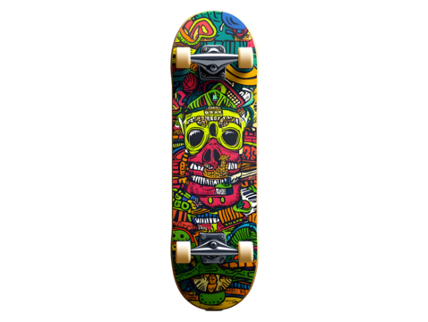 Colorful skateboard with vibrant skull graphic, ready for street action