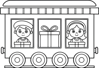 Black and White Train with Boy, Girl and Gift Coloring Page Illustration