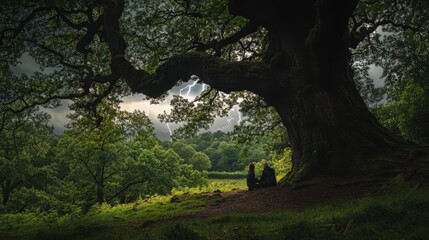 Couple Resting Together Under a Large Tree in a Lush Green Landscape