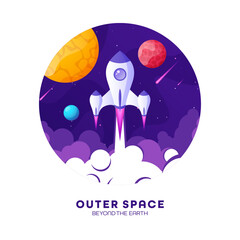 Rocket launch, space futuristic colorful background with planets and stars. Cartoon starship, spaceship in night sky. Solar system, galaxy and universe exploration. Vector illustration