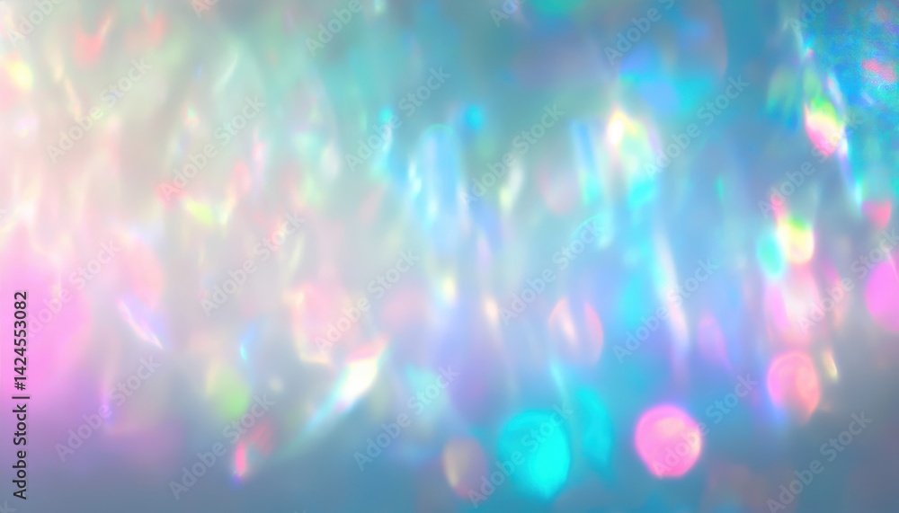Poster soft pastel light bokeh texture with rainbow holographic reflections for web design, branding, and p