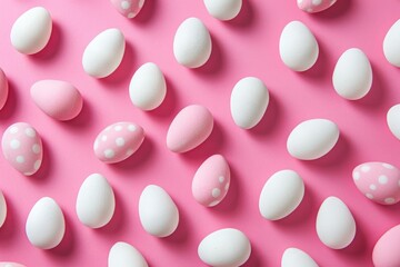 A row of eggs with white and pink paint on them