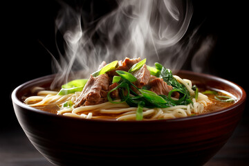 Steaming Bowl of Noodles with Meat in Savory Broth