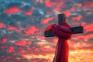 Wooden cross adorned with red ribbon against a bright blue sky filled with fluffy clouds, symbolizing faith and hope, copy space for text