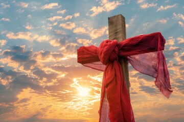 Wooden cross adorned with red ribbon against a bright blue sky filled with fluffy clouds, symbolizing faith and hope, copy space for text