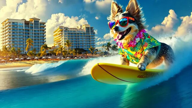 Colorful anthropomorphic surfing dog in sunglasses and Hawaiian lei riding a wave near tropical resort, blending playful summer fun with vibrant vacation beach atmosphere