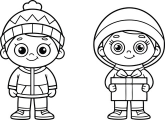 Line Art Two Happy Children in Winter Clothes with Gift, Outline, Isolated