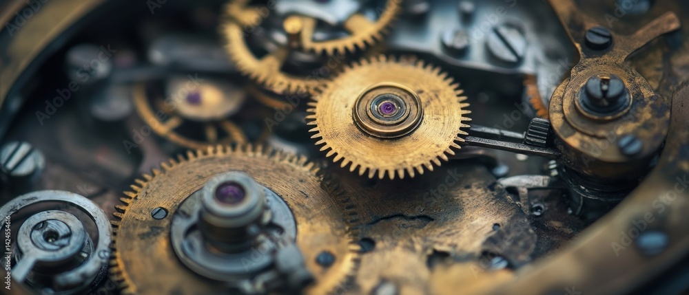 Poster intricate clockwork mechanism: a detailed close-up of gears and components