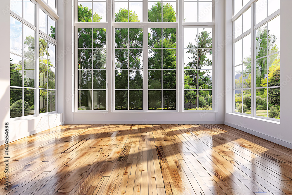 Poster large windows filling an empty room with hardwood flooring with streaming sunlight