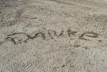 Drought and environmental degradation: dried cracked soil with ”danke” word written on the surface