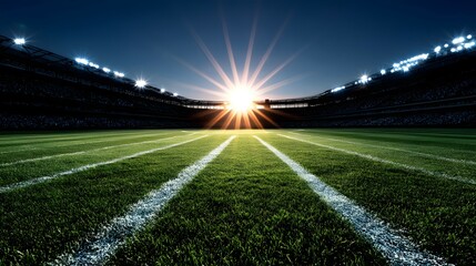 Empty football stadium at sunset, illuminated by stadium lights.