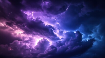 Obraz premium Dramatic storm clouds lit by lightning with vibrant purple and blue tones creating an intense sky scenery.