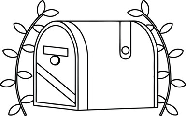 Isolated Mailbox With Foliage In Black Outline On Transparent Background