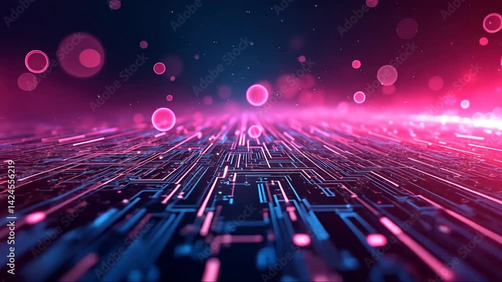 Poster computer generated image of a cityscape with a pink and blue color scheme. the image has a futuristi