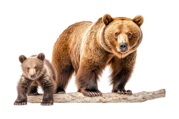 Fototapeta premium Brown bear with cub standing on log in nature, cut out - stock png.