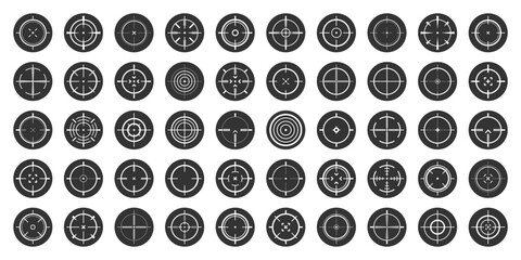 Round sniper rifle sights, weapon optical scope crosshair. Hunting gun viewfinder. Shooting mark symbol, aim. Military target sign. Game interface UI element. Vector illustration