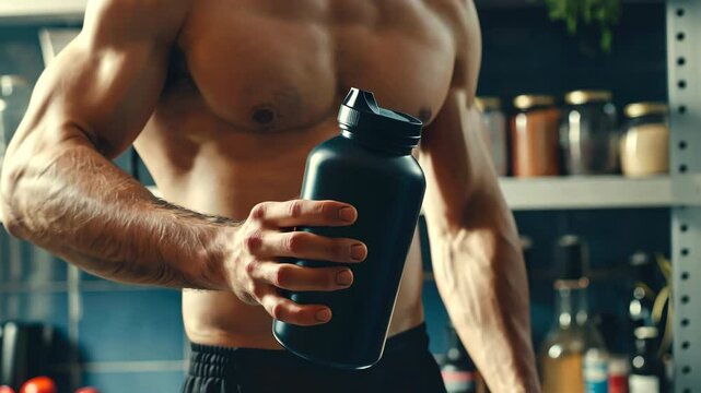 Male bodybuilder stands in the kitchen and holding a jar of protein powder or gainer in his hand. Sports nutrition for athletes.