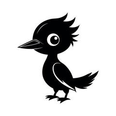 Black Vector Silhouette of Cute Baby Woodpecker Bird on White Background