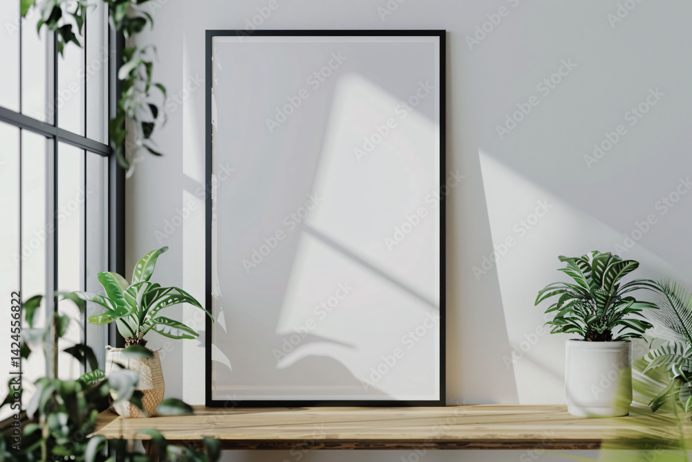 Poster Frame resting on a desk with plants basking in the sunlight