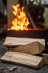 Burning wooden logs with hot flames of fire. Firewood burning on barbecue. Open fire. Birch firewood is lying nearby.