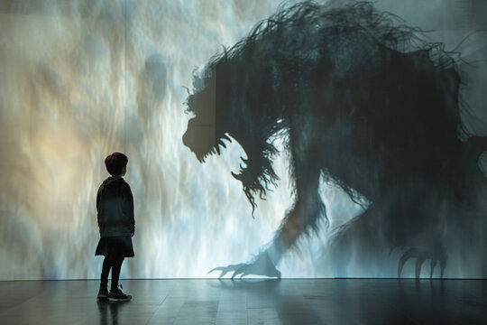 Young boy standing bravely as a shadowy monster figure is projected on the wall behind him