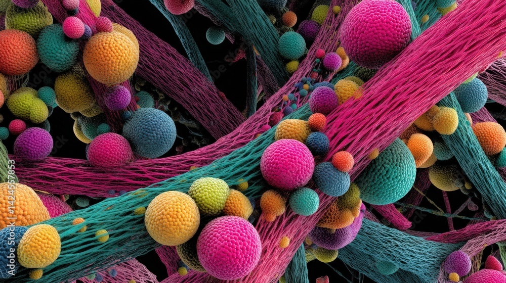 Poster abstract colorful 3d render of intertwined netting with vibrant spheres