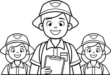 Outlined Cartoon Instructor With Two Children Wearing Hats and Holding Clipboard
