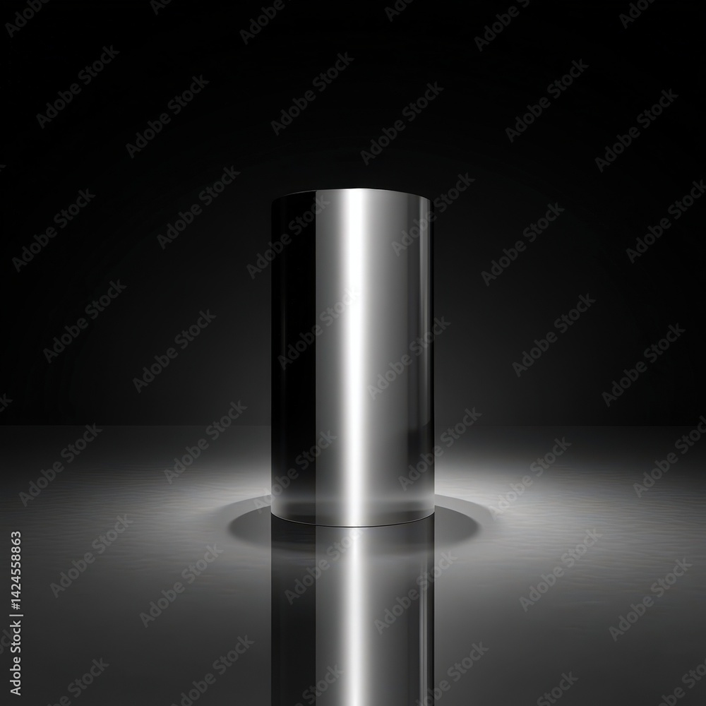 Poster sleek metallic cylinder on reflective surface dark studio setting product display